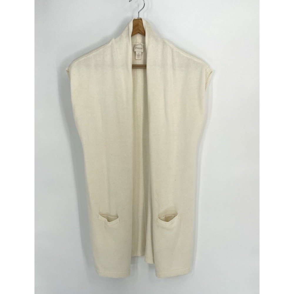 Chicos Women's  Size 1 White Sleeveless Knit Cardigan Sweater Vest Open Front